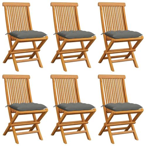 vidaXL Tuinstoelen 6 st met grijze kussens massief teakhout, Tuin en Terras, Tuinstoelen, Nieuw, Teakhout, Verzenden