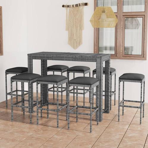 vidaXL 9-delige Tuinbarset met kussens poly rattan grijs, Tuin en Terras, Tuinsets en Loungesets, Nieuw, 8 zitplaatsen, Rotan