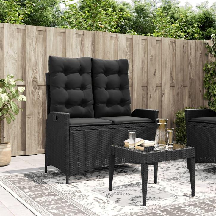 vidaXL Tuinbankje verstelbaar met kussens poly rattan zwart, Tuin en Terras, Tuinbanken, Nieuw, Rotan, Verzenden