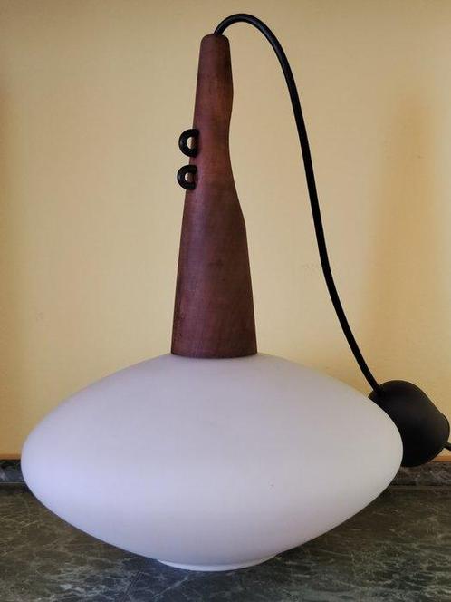 Unknown - Plafondlamp - glas/teak - Teak en opaalglas, Antiek en Kunst, Antiek | Lampen