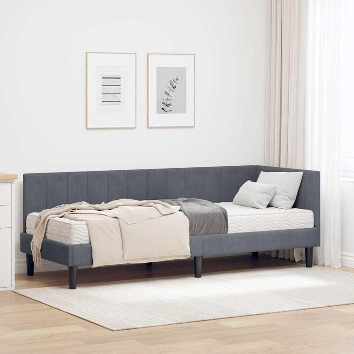 vidaXL Hoekbedframe met matras Donkergrijs 80 x 200 cm, Huis en Inrichting, Slaapkamer | Bedden, Grijs, Nieuw, Hout, Verzenden