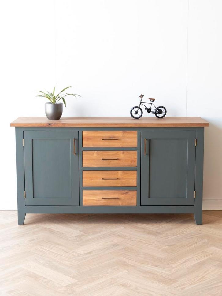 Donkergroen dressoir | teakhout | kast | groen | Vavivo, Huis en Inrichting, Kasten | Dressoirs, 150 tot 200 cm, 25 tot 50 cm