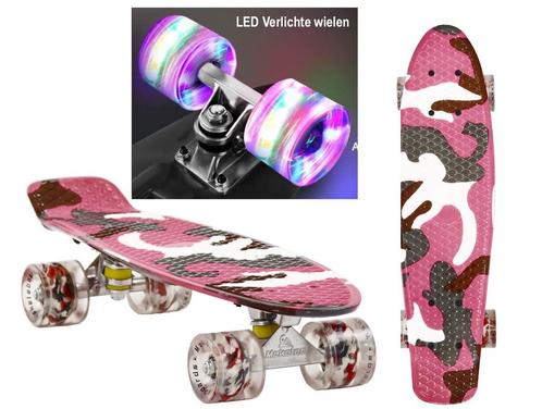 Sajan - Skateboard - LED - Penny board - Camouflage Roze -, Sport en Fitness, Skateboarden, Skateboard, Nieuw, Verzenden