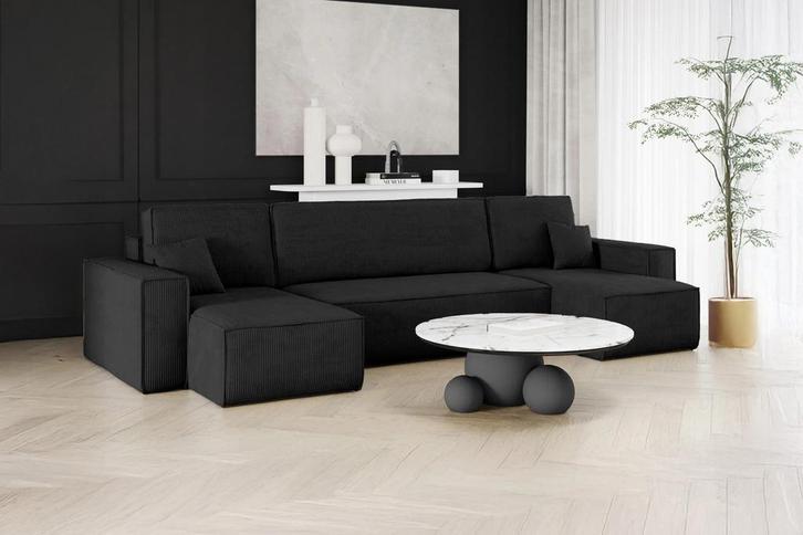 Slaapbank Ribstof Karlo Zwart | U-bank | €649,-, Huis en Inrichting, Slaapkamer | Slaapbanken, Overige maten, Overige maten, Wit