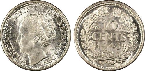 Koningin Wilhelmina 10 cent 1943 P, Postzegels en Munten, Munten | Nederland, Losse munt, Zilver, Verzenden