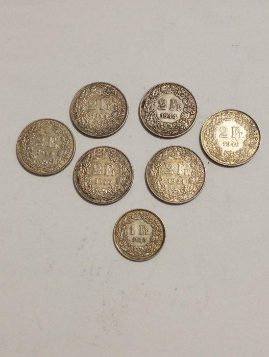 Zwitserland. Lot of 7 coins: 1 & 2 Francs 1940/1946 (Zonder, Postzegels en Munten, Munten | Europa | Niet-Euromunten