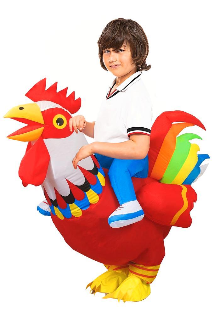 KIMU® Opblaas Kostuum Kinderen Zittend op Kip Rood Regenboog, Kinderen en Baby's, Carnavalskleding en Verkleedspullen, Nieuw, Ophalen of Verzenden