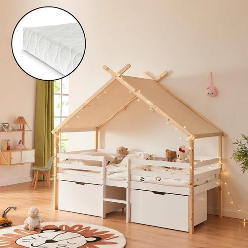 Kinderbed Surnadal huisbed met matras en lades hout wit natu, Huis en Inrichting, Slaapkamer | Matrassen en Bedbodems, Nieuw, Verzenden