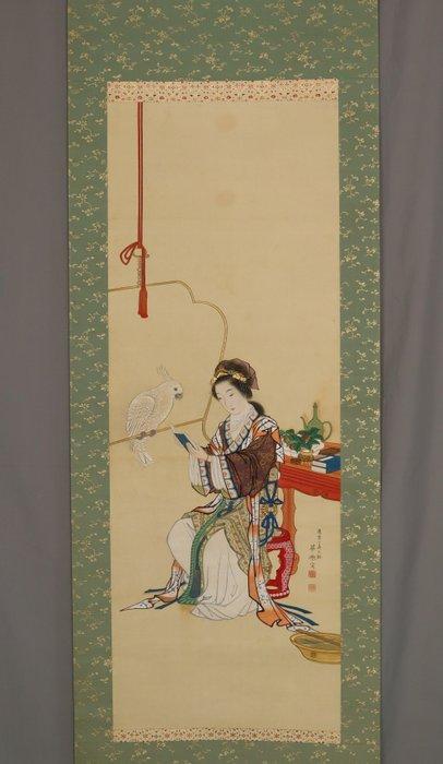 Papegaai met elegante dame, in prachtige kleuren - met, Antiek en Kunst, Antiek | Overige Antiek