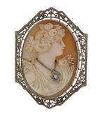 Broche - 14 karaat Witgoud Diamant (Natuurlijk) - Camee dame, Sieraden, Tassen en Uiterlijk, Antieke sieraden