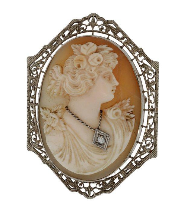 Broche - 14 karaat Witgoud Diamant (Natuurlijk) - Camee dame, Sieraden, Tassen en Uiterlijk, Antieke sieraden