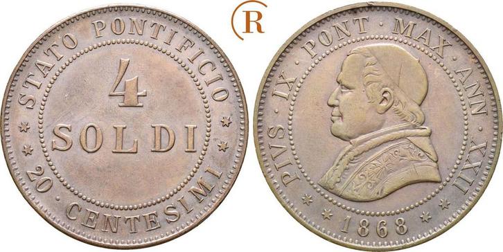 4 Soldi ohne Muenzzeichen !! 1868 Vatikan: Pius Ix, 1866-..., Postzegels en Munten, Munten | Europa | Niet-Euromunten, Verzenden
