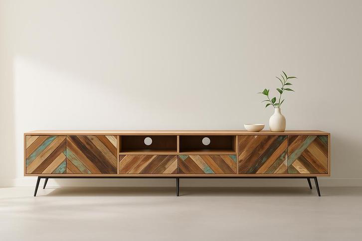 Kleurrijk visgraat TV-meubel – uniek, duurzaam en stijlvol, Huis en Inrichting, Kasten | Televisiemeubels, 25 tot 50 cm, Nieuw