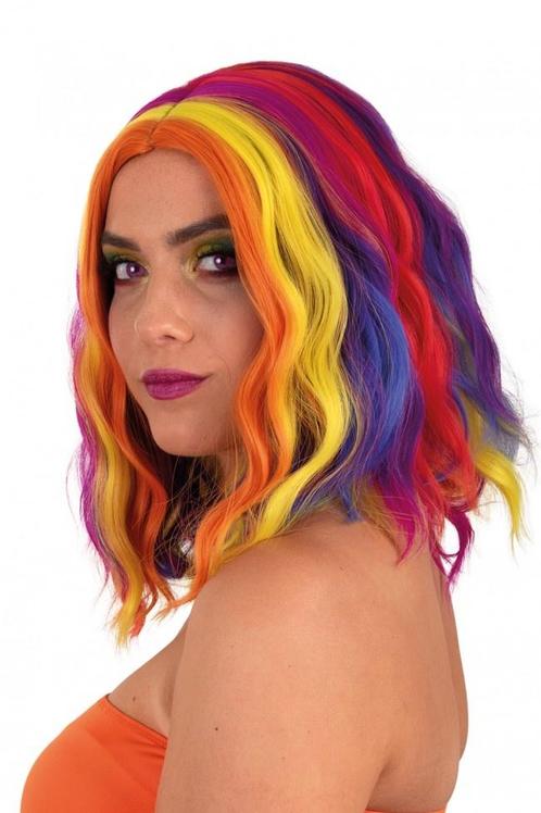 Pruik Alicia Half Lang Met Wave Rood, Geel En Oranje, Hobby en Vrije tijd, Feestartikelen, Nieuw, Verzenden