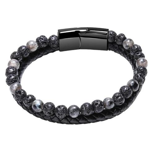 Fako Bijoux® - Leren Natuurstenen Armband Heren - Zwart Leer, Sieraden, Tassen en Uiterlijk, Armbanden, Verzenden