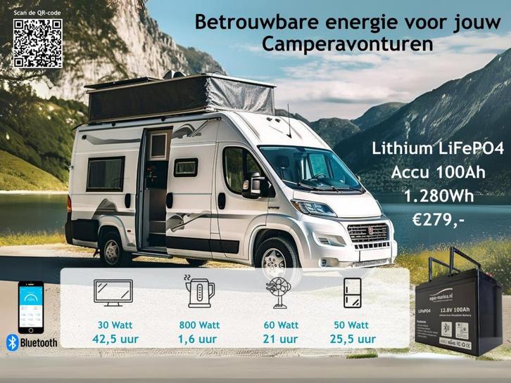12V 100Ah Camper Accu LiFePO4 – Krachtig en met Bluetooth, Caravans en Kamperen, Camper-accessoires, Nieuw, Ophalen of Verzenden