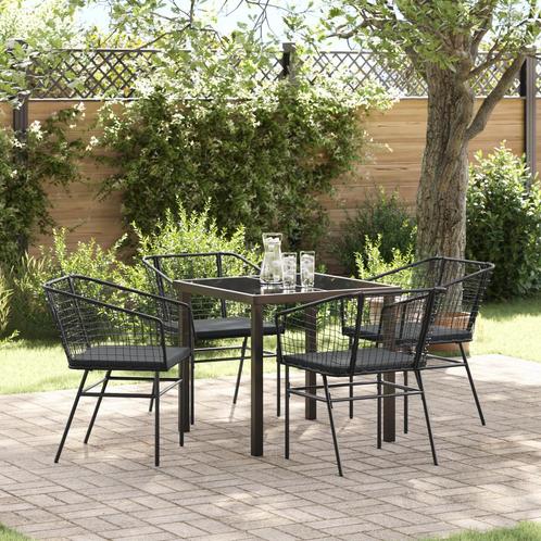 vidaXL 5-delige Tuin Eetset met Kussens in Zwart Poly Rattan, Tuin en Terras, Tuinsets en Loungesets, Nieuw, Rotan, Verzenden