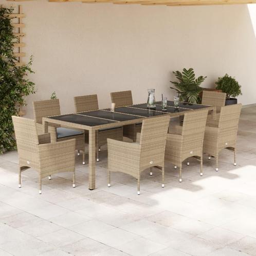 vidaXL 9-delige Tuinset met kussens poly rattan en glas, Tuin en Terras, Tuinsets en Loungesets, Tuinset, Nieuw, 8 zitplaatsen