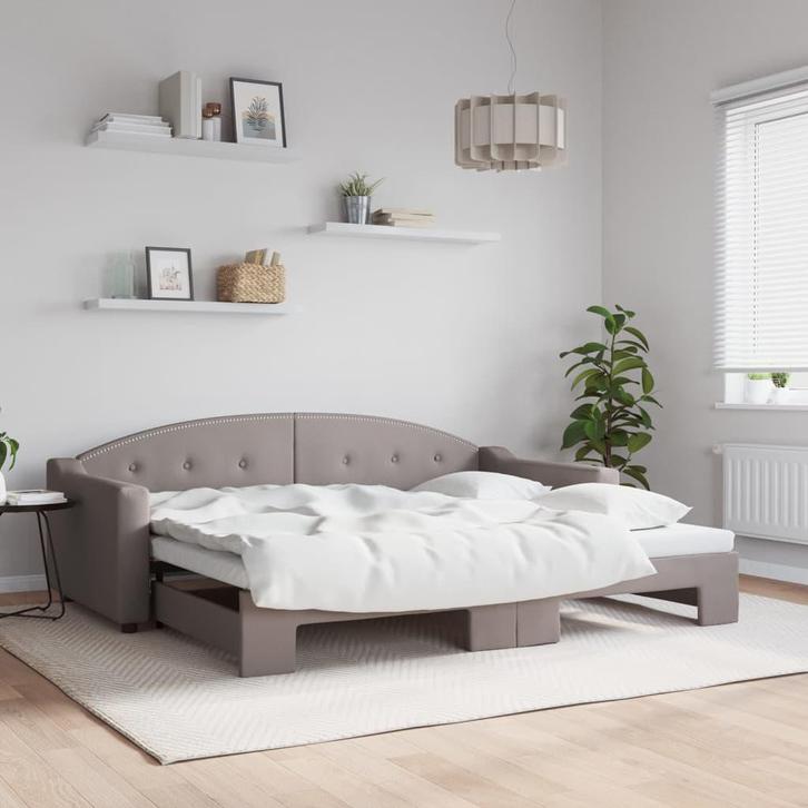 vidaXL Slaapbank met onderschuifbed 90x200 cm stof taupe, Huis en Inrichting, Slaapkamer | Bedden, 90 cm, 200 cm, Eenpersoons