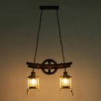Vintage 2-Lichts Hanglamp–Houten Kroonluchter Rustiek Design, Huis en Inrichting, Lampen | Plafondlampen, Verzenden, Nieuw