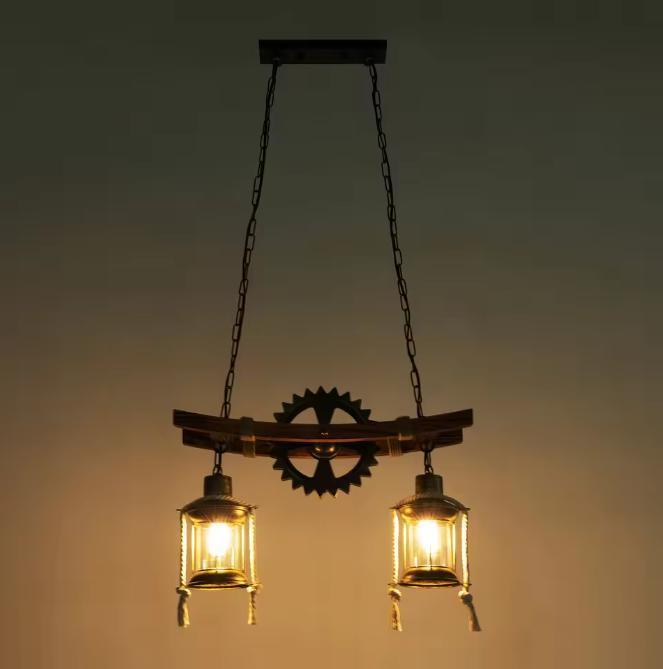 Vintage 2-Lichts Hanglamp–Houten Kroonluchter Rustiek Design, Huis en Inrichting, Lampen | Plafondlampen, Nieuw, Verzenden
