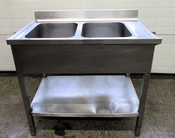 RVS Wastafel, Spoeltafel met 2 wasbakken, B110 x D68 x, Zakelijke goederen, Horeca | Keukenapparatuur, Gebruikt