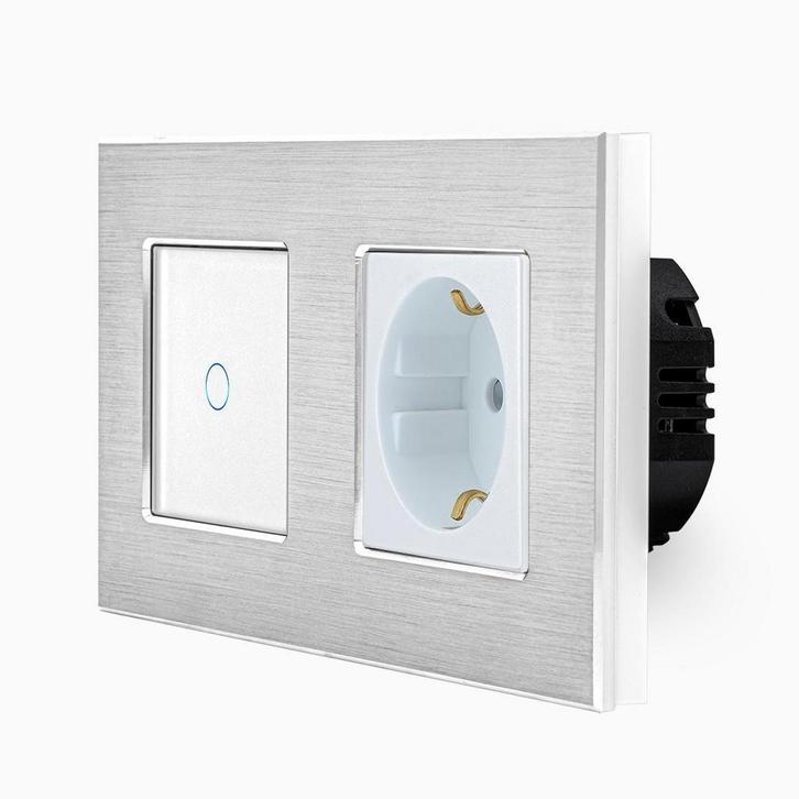 TOUCH SCHAKELAAR + WANDCONTACTDOOS | ALUMINIUM | ZILVER, Doe-het-zelf en Verbouw, Elektra en Kabels, Schakelaar, Nieuw, Ophalen of Verzenden