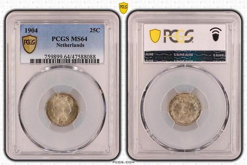 Koningin Wilhelmina 25 cent 1904 MS64 PCGS gecertificeerd, Postzegels en Munten, Munten | Nederland, Losse munt, 25 cent, Koningin Wilhelmina