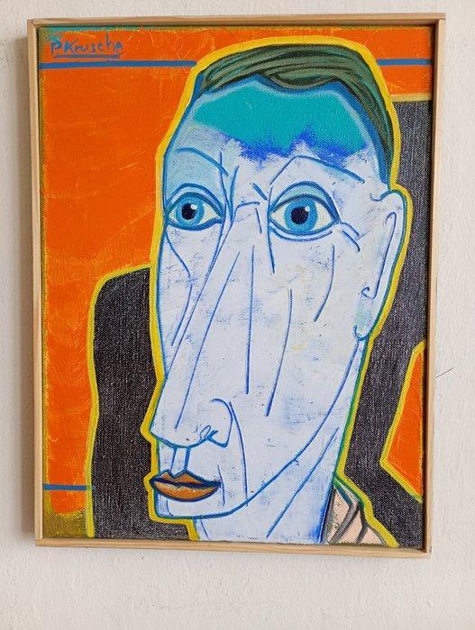 Peter Krusche - Blaukopf vor Orange, Antiek en Kunst, Kunst | Schilderijen | Modern