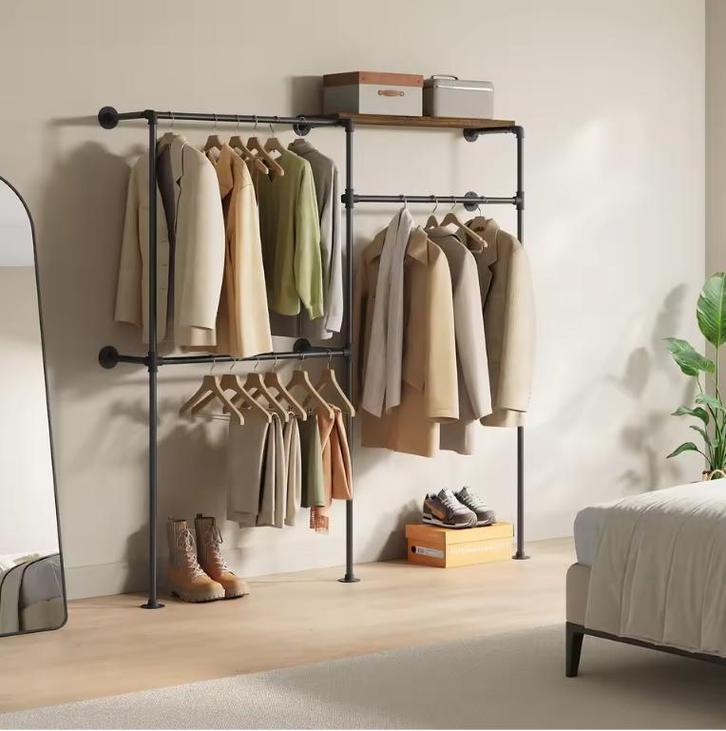 Kledingrek wandmodel 186 cm – industrieel met planken, Huis en Inrichting, Kasten | Kledingkasten, Nieuw, Verzenden