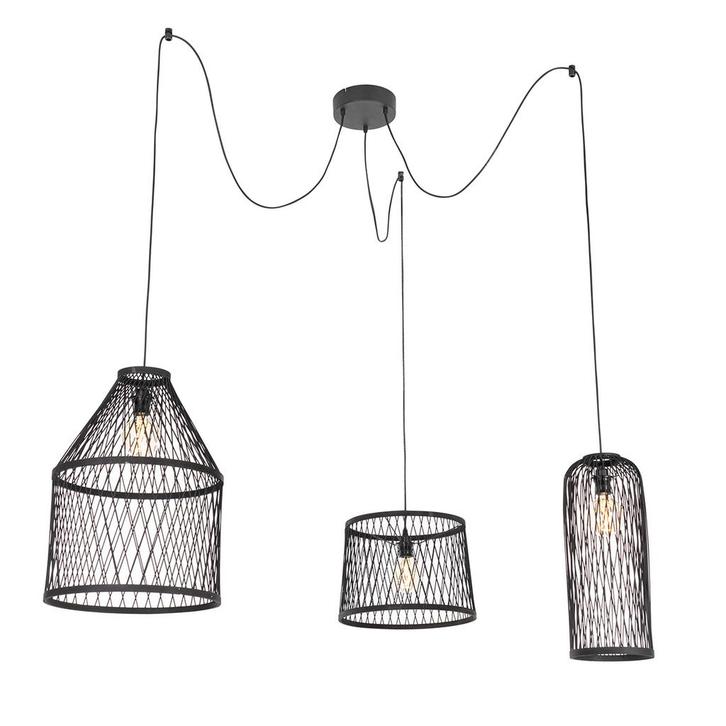 Landelijke buiten hanglamp zwart rotan 3-lichts - Calamus, Tuin en Terras, Buitenverlichting, Nieuw, Minder dan 50 watt, Overige materialen