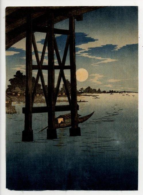 Rivierboten Onder De Brug - shin-hanga print - Papier -, Antiek en Kunst, Antiek | Overige Antiek