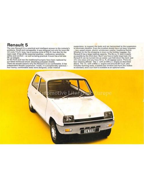 1972 RENAULT 5 LEAFLET ENGELS, Boeken, Auto's | Folders en Tijdschriften, Renault