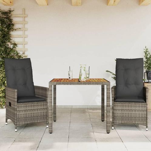 vidaXL 3-delige Bistroset met kussens poly rattan grijs, Tuin en Terras, Tuinsets en Loungesets, Nieuw, 2 zitplaatsen, Rotan, Verzenden