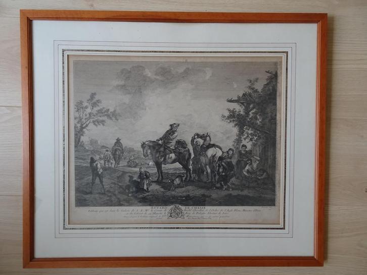 Ets Uitstel Jachtpartij, paarden, steltloper Beaumont 1733, Antiek en Kunst, Kunst | Etsen en Gravures, Verzenden