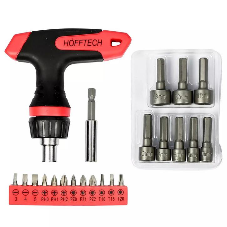Hofftech 21-delige dopsleutelset - ratel T-greep - veelzi..., Doe-het-zelf en Verbouw, Gereedschap | Handgereedschap, Nieuw, Ophalen of Verzenden