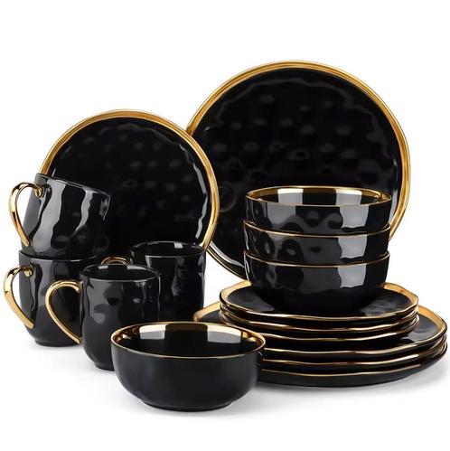 Zwart Serviesset met Gouden Rand – 16/32-delig Luxe Servies, Huis en Inrichting, Keuken | Servies, Compleet servies, Nieuw, Keramiek