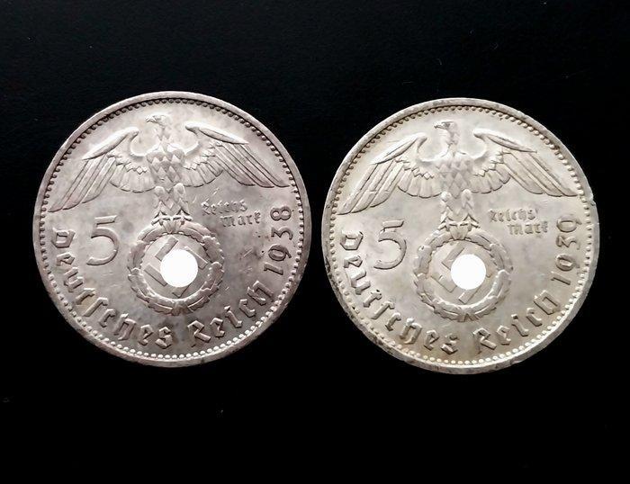 Duitsland, Derde Rijk 5 Reichsmark 2x 1938 E & 1939 E, Postzegels en Munten, Munten | Europa | Niet-Euromunten