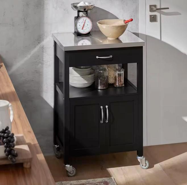 Zwarte keukentrolley met lade, kast en rvs werkblad, Huis en Inrichting, Tafels | Eettafels, Nieuw, Verzenden