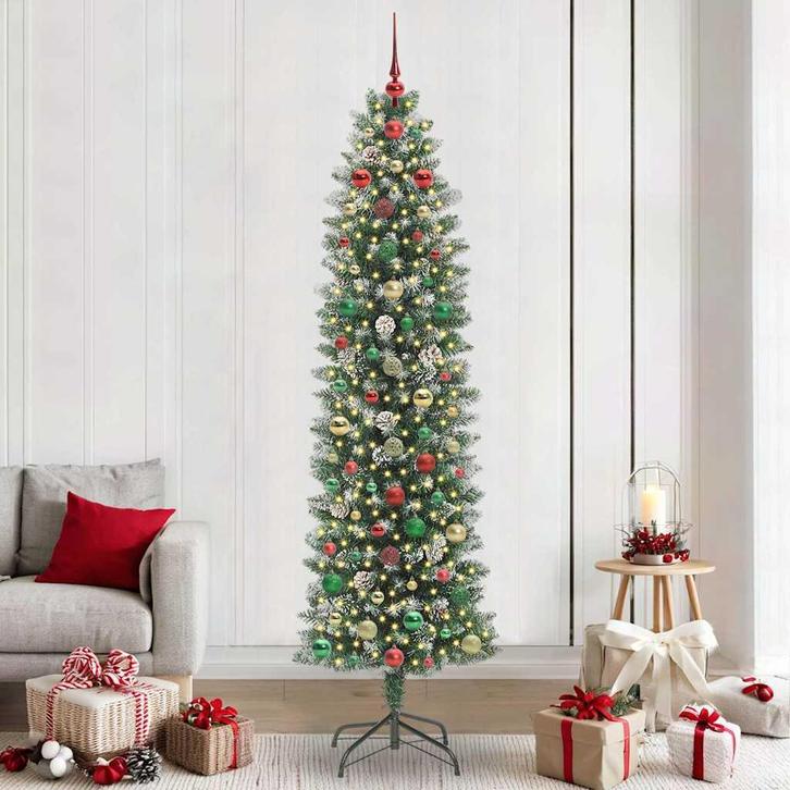vidaXL Kunstmatige slanke kerstboom met 300 LED Groen en wit, Diversen, Kerst, Nieuw, Verzenden