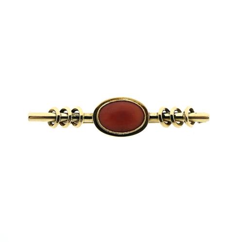 Gouden broche met bloedkoraal (vintage sieraden, vintage), Sieraden, Tassen en Uiterlijk, Broches, Overige kleuren, Gebruikt, Met edelsteen