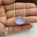Blue Fire Maansteen Ketting 925 Zilver – Ovale Hanger, Verzenden, Nieuw, Zilver, Met edelsteen