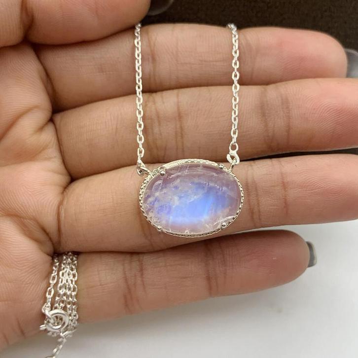 Blue Fire Maansteen Ketting 925 Zilver – Ovale Hanger, Sieraden, Tassen en Uiterlijk, Kettinghangers, Nieuw, Met edelsteen, Zilver
