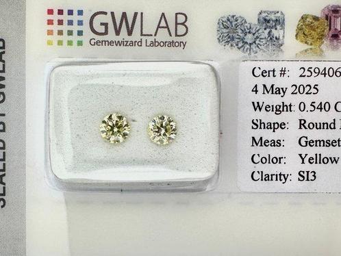 2 pcs Diamant (Natuurlijk gekleurd) - 0.54 ct - Rond Geel, Sieraden, Tassen en Uiterlijk, Edelstenen