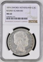 Koning Willem III 2 1/2 Gulden 1874 Zwaard MS63 NGC, Postzegels en Munten, Verzenden, Koning Willem III, Losse munt, Zilver
