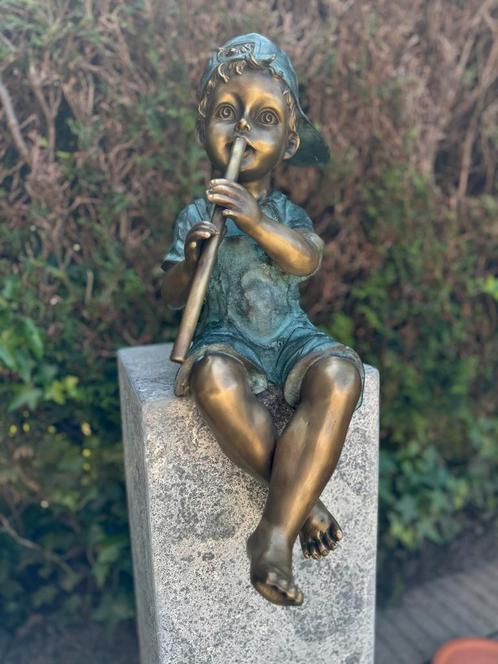 Bronzen jongen met fluit - Fontein - Tuin decoratie, Tuin en Terras, Waterpartijen en Fonteinen, Fontein, Nieuw, Overige materialen