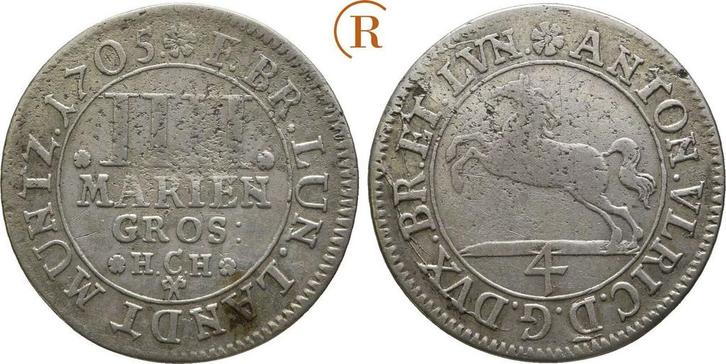 4 Mariengroschen 1705 Hch Braunschweig Wolfenbuettel: Ant..., Postzegels en Munten, Munten | Europa | Niet-Euromunten, Verzenden