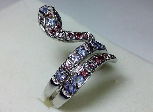 925 Zilveren Ring - Natuurlijke Tanzaniet & Rhodoliet- 6 g, Verzamelen, Mineralen en Fossielen