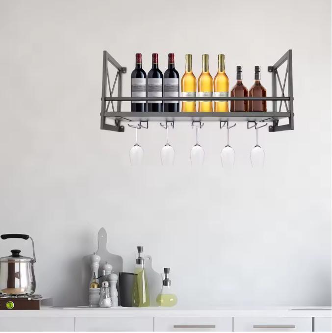 Wand Wijnrek Industrieel met Glashouder – Staal en Hout, 10, Huis en Inrichting, Woonaccessoires | Wijnrekken, Nieuw, Verzenden