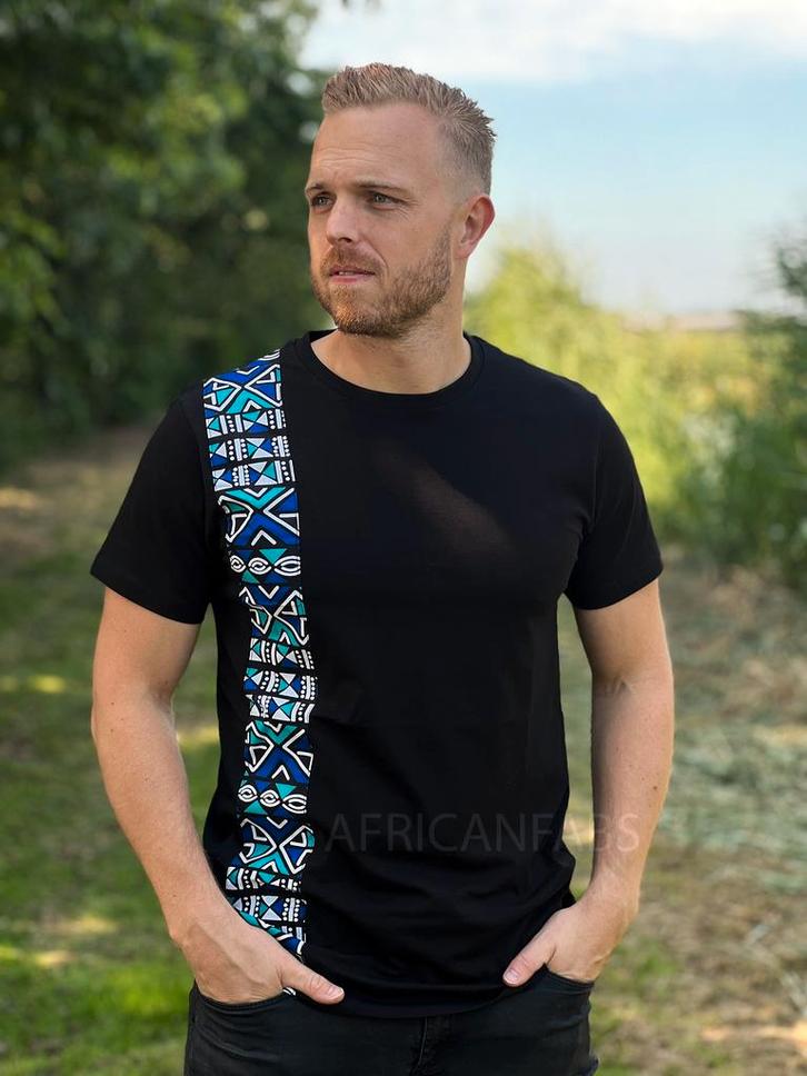 T-shirt met Afrikaanse print details - blauw / turquoise bog, Kleding | Heren, T-shirts, Nieuw, Ophalen of Verzenden